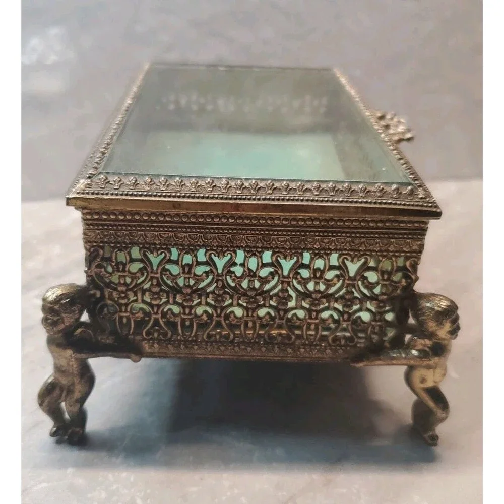 Antique Ormolu Gold Filigree Jewelry Casket Box Beveled Glass Velvet Cherub